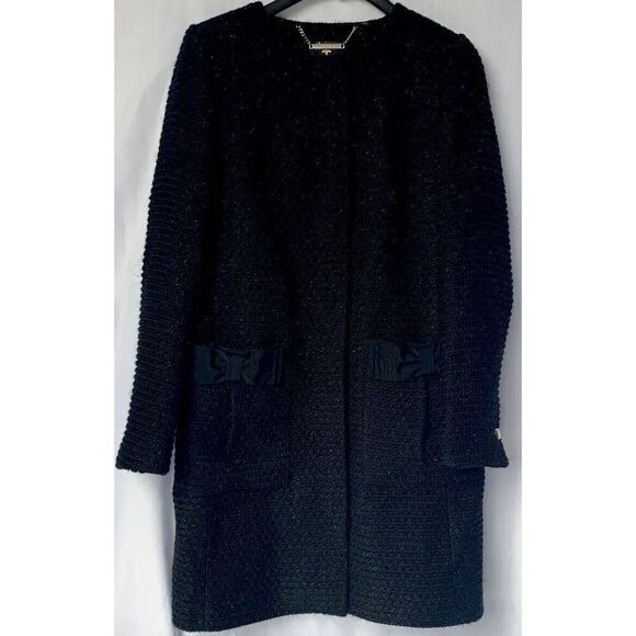 Ted Baker Womens Black Tweed Collarless Contrast Bow Pocket Coat Size 1 … - Picture 1 of 16